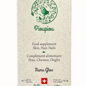 Packaging Mama Glow de Pioupiou Cosmetics, complément alimentaire pour l'éclat de la peau, cheveux et ongles des mamans, fabriqué en Suisse avec ingrédients naturels.