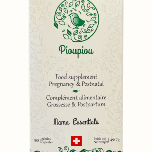 Packaging Mama Essentials de Pioupiou Cosmetics, complément alimentaire pour vitalité et équilibre en grossesse et postpartum, flacon 90 gélules naturel suisse. Proposé par Les Petits Pois