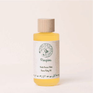 Flacon 125ml Huile Maman Bébé Bio Pioupiou avec bouchon en bois, fond crème
